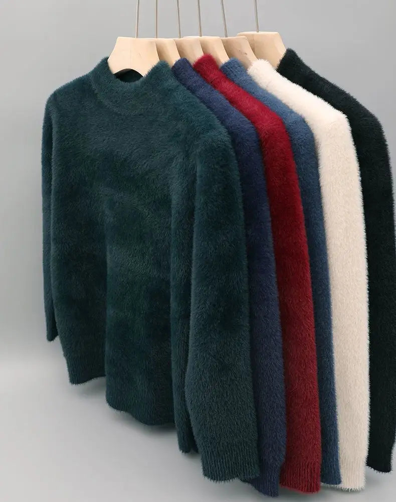 New Pullover Men Sweater Soft Warm Long Sleeve Mock Neck Solid Color Fine fleece Sweater Thicken Warm Loose Casual Sweaters