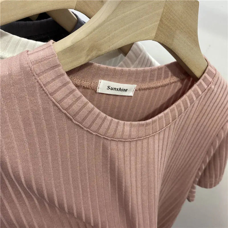 Summer Women Pullover Short Sleeves Bottoming Shirts O-Neck Elastic Slim Thread Fashion Korean T-Shirts Various Colors Available