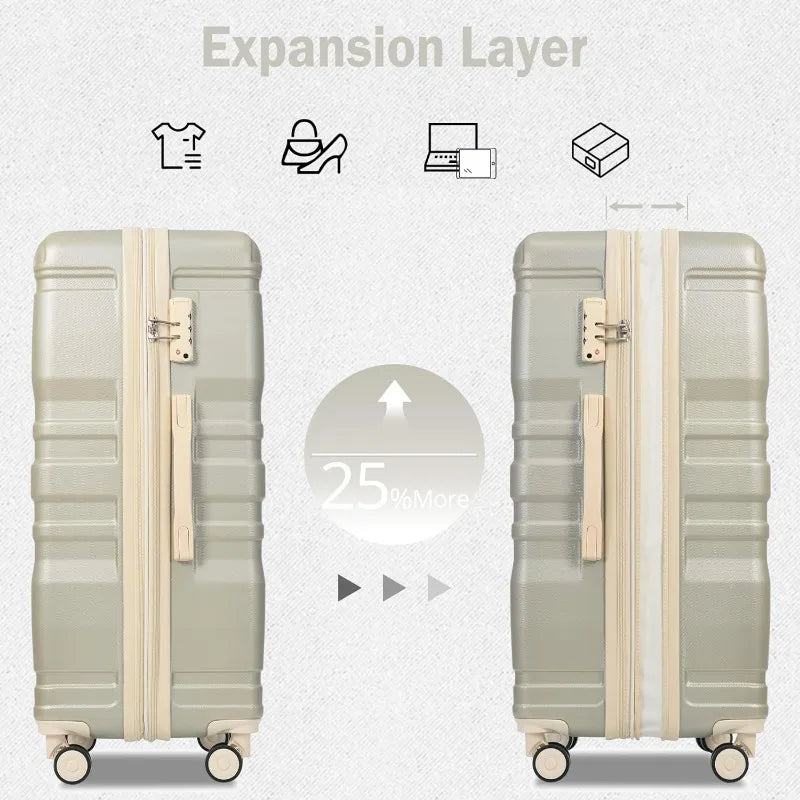 Luggage Sets 3 Piece Suitcase, Hardside Suit case with Spinner Wheels Lightweight TSA Lock, Ivory/Brown, 20/24/28 Inch