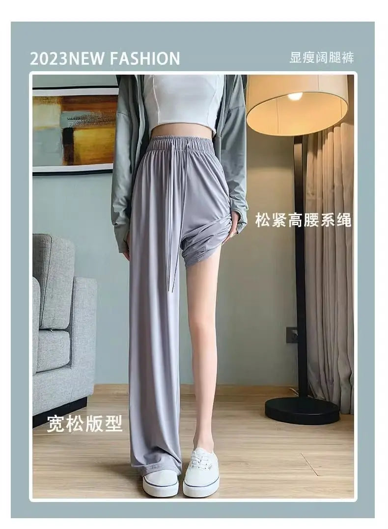 Summer High Waisted Wide Leg Pants Thin Sun Protection Elastic Waist Ice Silk Cool Quick Drying Casual Trousers Women Clothing