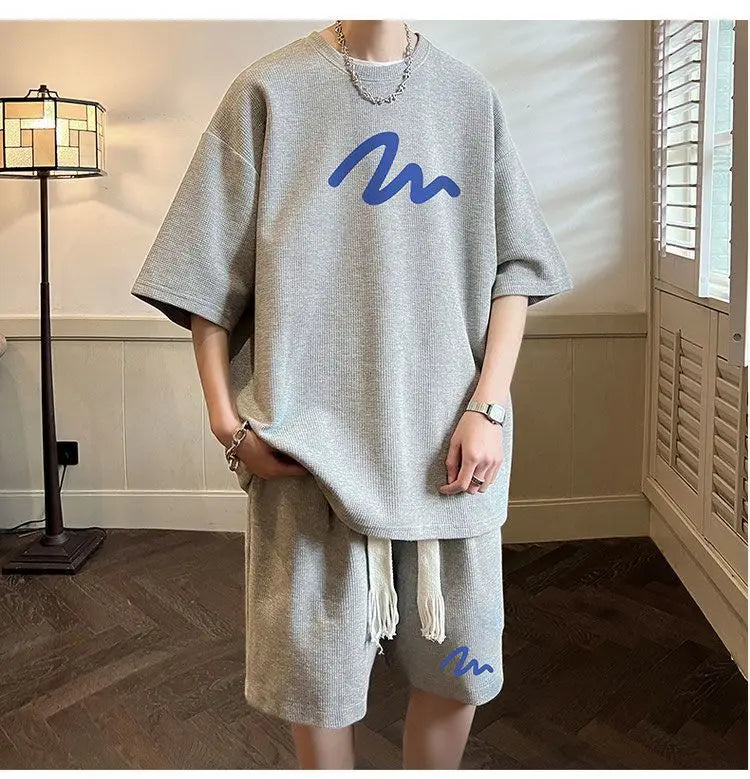 2 Pieces Men Shorts Set Summer Waffle Pattern Hong Kong Style Casual O Neck Half Sleeve T Shirt Shorts Oversize Loose Print Sets