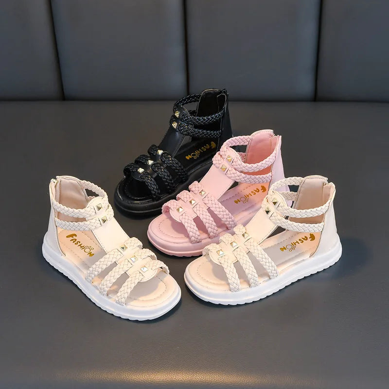 Girls Roman Sandals Open Toe Braided Solid Color High-top Simple Rivets New Summer Hollow Flat Casual Shoes Kids Fashion Casual