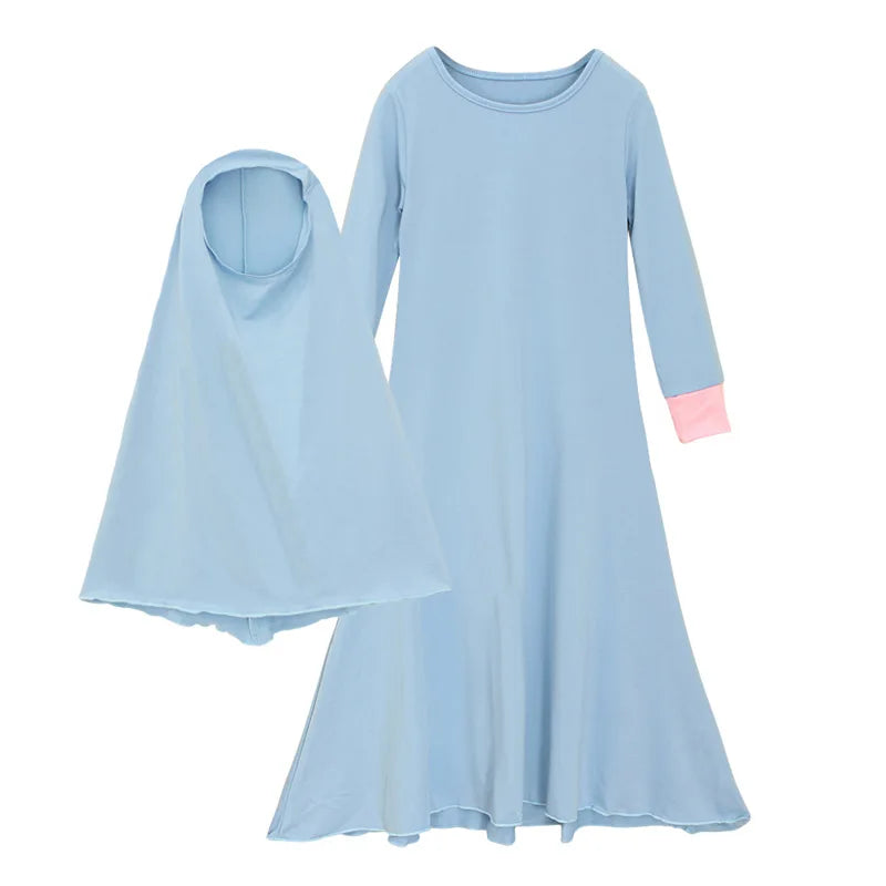 2Pcs Muslim Ramadan Sets Children Girls Prayer Dress Hijab Abaya Arab Kids Long Robe with Headscarf Islamic Robe Kaftan Gown