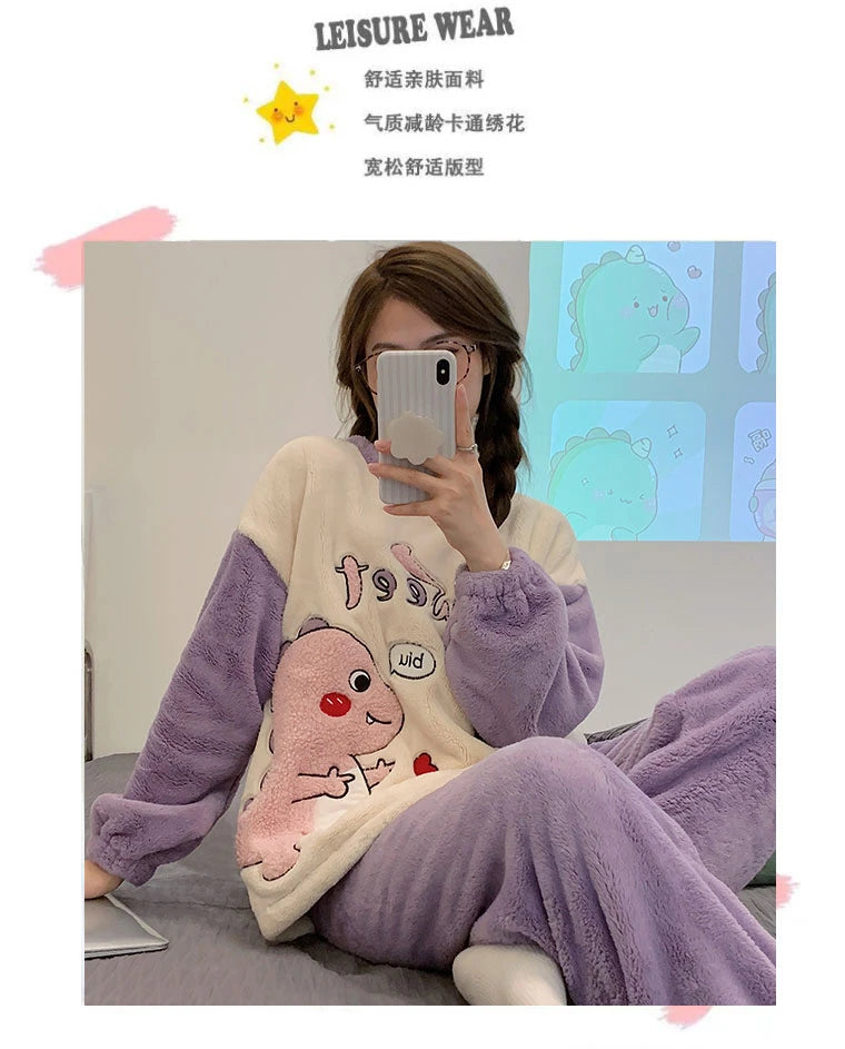 Autumn Winter Women's Pajamas Cute Cartoon Printed Sleepwear Casual Home Wear Set Girl Knitted Size M-3XL Pijamas Fashion Pyjama