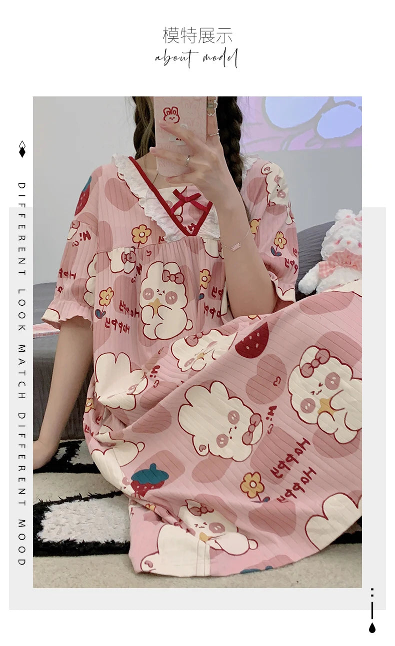 Summer New Knitted Cotton Kawaii Girls Checked Sleep Dress Women's Nightgowns Nighttie Sleepshirts Ladies Dresses Home Fashion