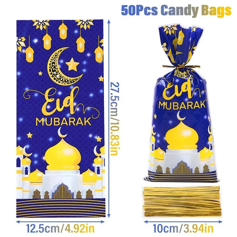 50pcs Eid Mubarak Gift Bags Plastic Bag Cookie Candy Ramadan Kareem Decoration 2024 Islamic Muslim Party Packaging Bag Pouch