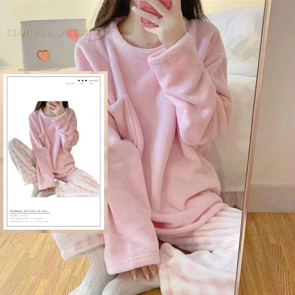 Autumn Winter Flannel Women Pajamas Sets Fashion Plaid Printed Teddy Sleepwear Velvet Homewear Kawaii Girsl Pijamas Mujer Pyjama