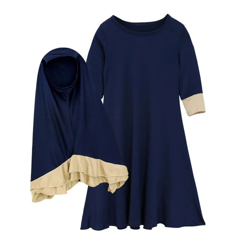 2Pcs Muslim Ramadan Sets Children Girls Prayer Dress Hijab Abaya Arab Kids Long Robe with Headscarf Islamic Robe Kaftan Gown