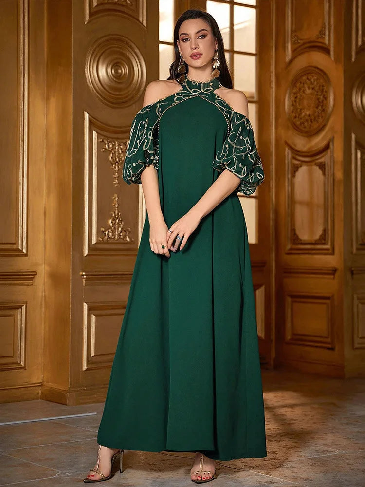 Fashion Embroidery Cold Shoulder Abaya Long Dress for Women Kaftan African Dresses Evening Femme Vestidos Islamic Clothing Party