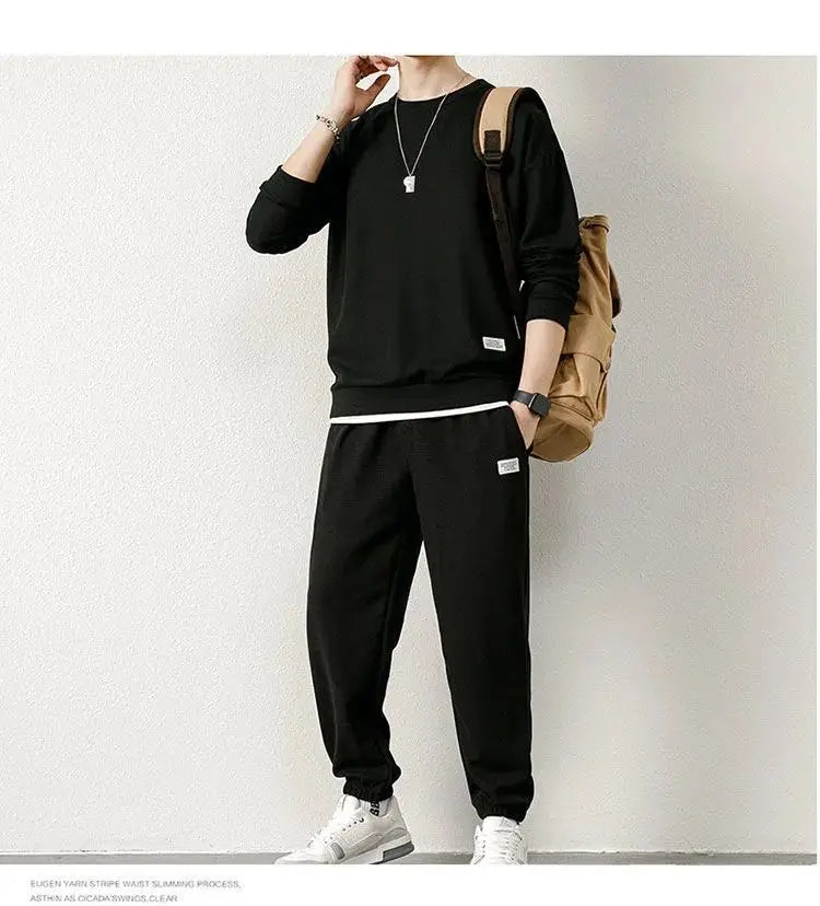 Spring Autumn New Men Waffle Two-Piece Casual Loose Long Sleeve and Pants O Neck Solid Color Pullover+outdoor Running Pants Set