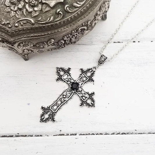 Punk Gothic Dark Ruby Black Large Cross Silver Color Pendant Necklace for Women and Men Niche Trendy Personality Jewellery Gifts