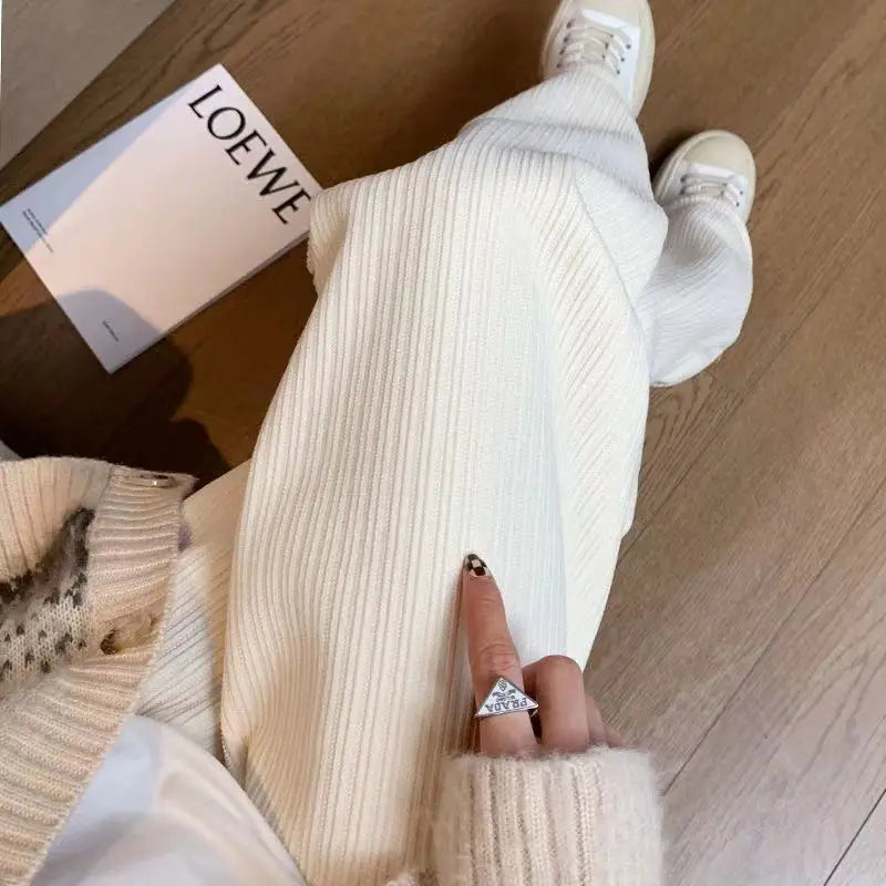 Winter Women Black Fleece Lined Wide Leg Pants Thicken Warm Baggy Drape Sweatpants High Waist Casual Corduroy Straight Pants