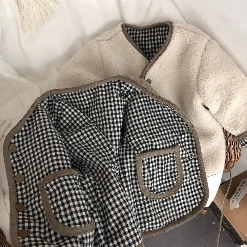 New Children's Plaid Plush Coat Autumn and Winter New Warm Coat Children on Both Sides Wear Coat Boy's and Girls' Clothing