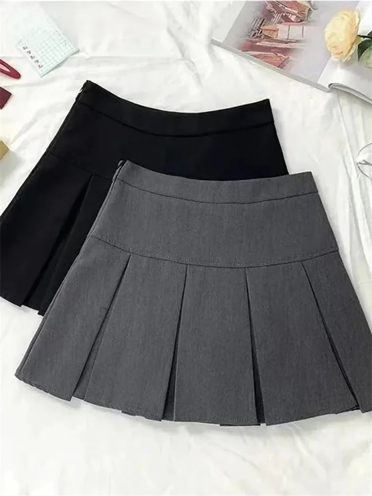 Vintage Gray Pleated Skirt Women Kawaii High Waist Mini Skirts Korean Fashion School Uniform Harajuku Streetwear Spring