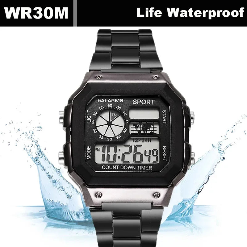 MAYZHISU Classic Men's Digital Watches Luxury Stainless Steel Strap Sport Watches Men Military Clock LED Sport Wristwatch