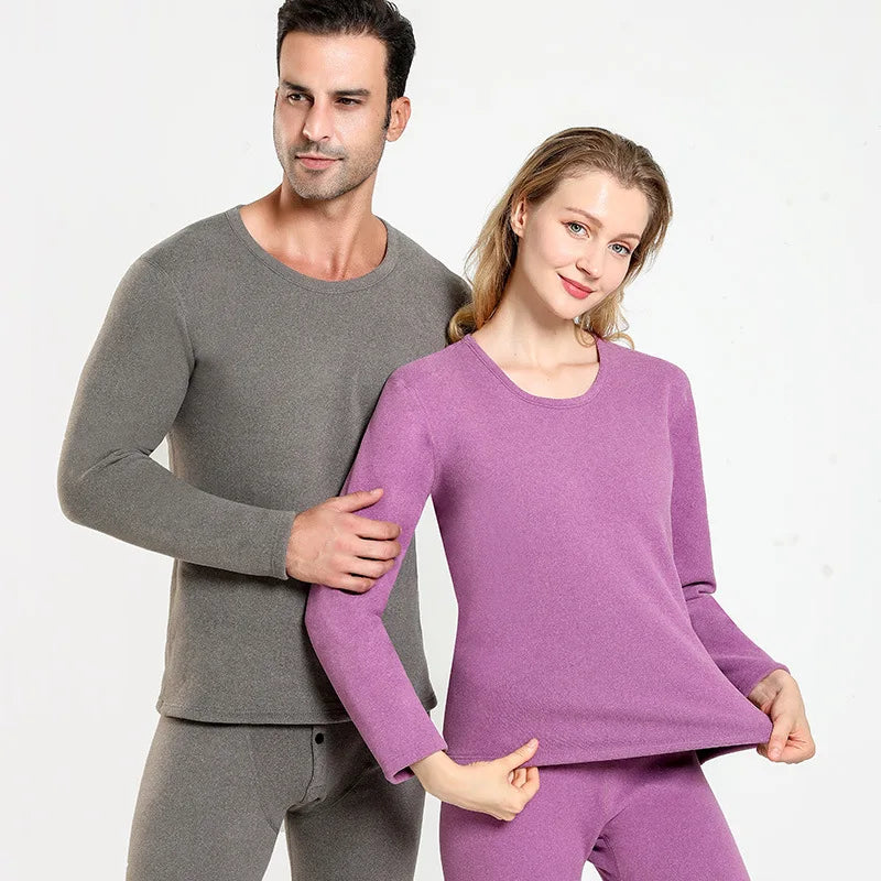 Couple Winter Solid Color Thermal Underwear Sets Soft Thicken Fleece-lined Warm Cold-proof Long Johns Top & Bottom 2 Piece Set