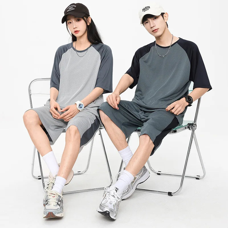 Oversized Summer Breathable Mesh Men Set Couple Outfit Patchwork Casual Women Short Sleeve Wide Leg Shorts Tracksuit 2pcs Set