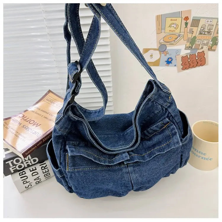 Denim Vintage Messenger Bag for Women Tote Handbag Fashion Jeans Crossbody Shoulder Bag Large Capacity Causal Ladies Satchel Bag