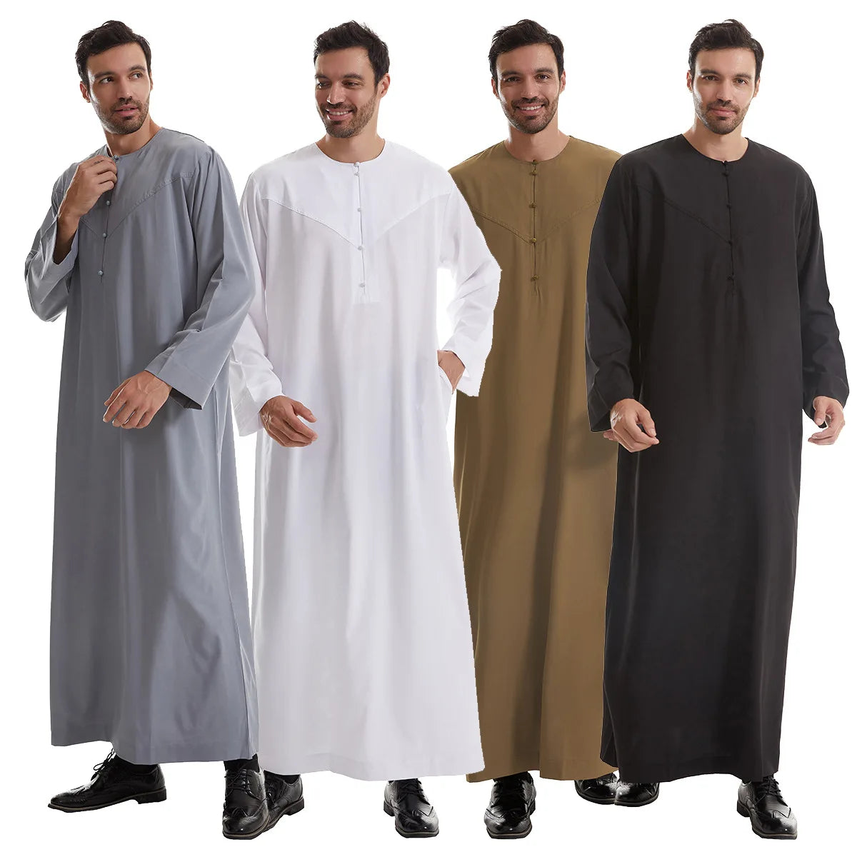 Men's Muslim Robe Ramadan Jubba Kaftan Dishdash Arabian Robe Solid Color Long Sleeve Loose T-shirt Dress Tunic Islamic Clothes