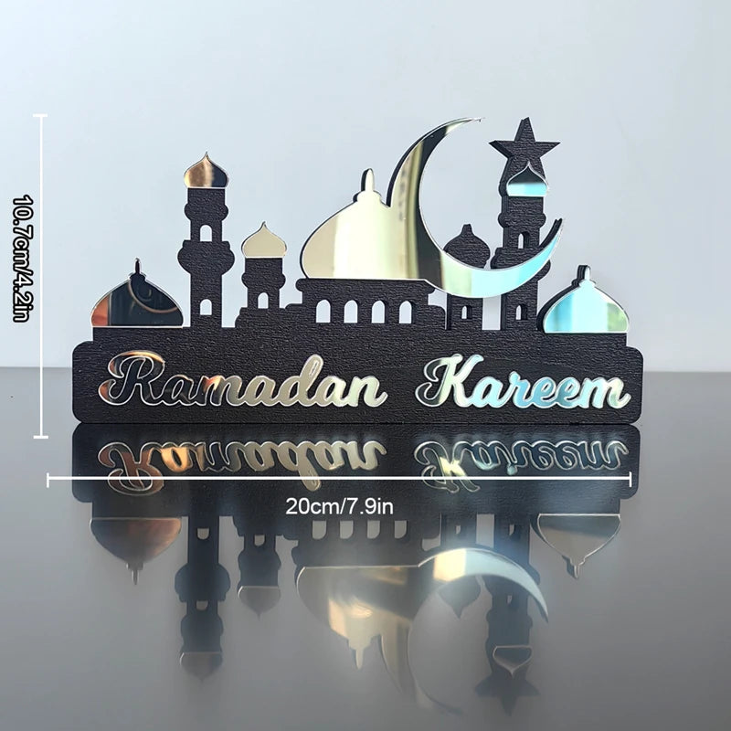 2025 Ramadan Kareem Table Ornament Wooden Acrylic Eid Mubarak Moon Star Castle DIY Tabletop Decoration Islamic Party Home Decor