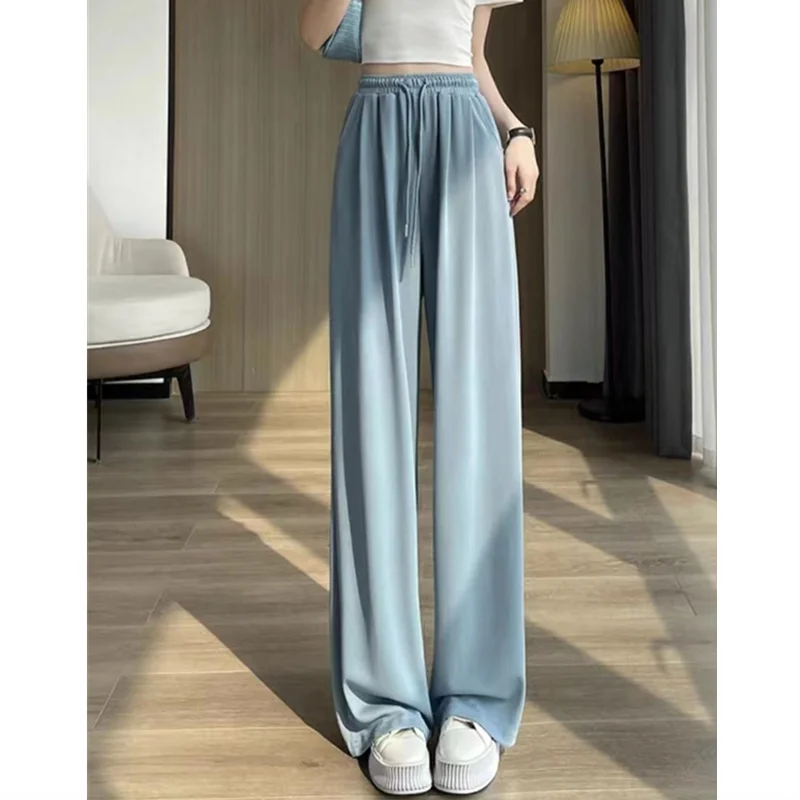 Summer High Waisted Wide Leg Pants Thin Sun Protection Elastic Waist Ice Silk Cool Quick Drying Casual Trousers Women Clothing