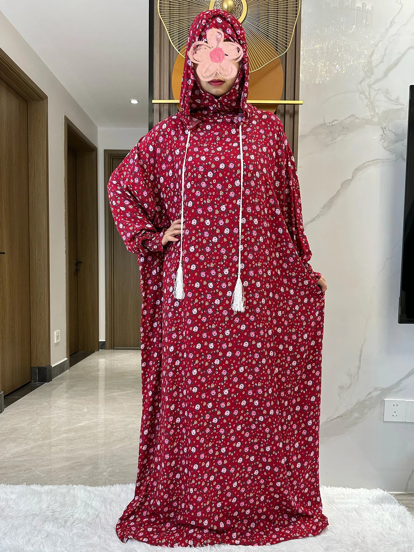 New Ramadan Muslim Two Hats Abaya Dubai Turkey Islam Prayer Clothes Floral Cotton Long Dress Islam Women Dress Kaftan