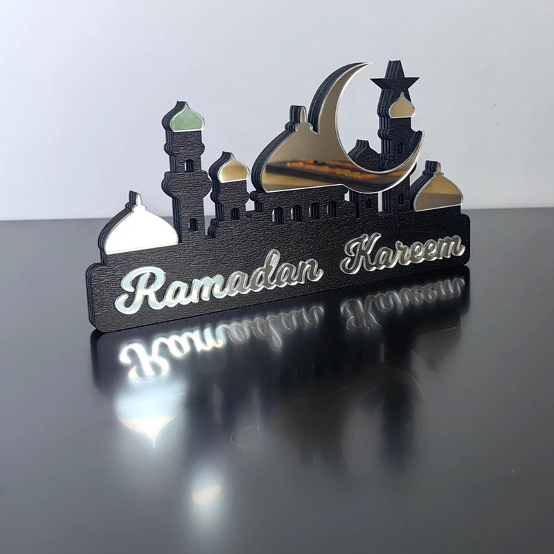 2025 Ramadan Kareem Table Ornament Wooden Acrylic Eid Mubarak Moon Star Castle DIY Tabletop Decoration Islamic Party Home Decor