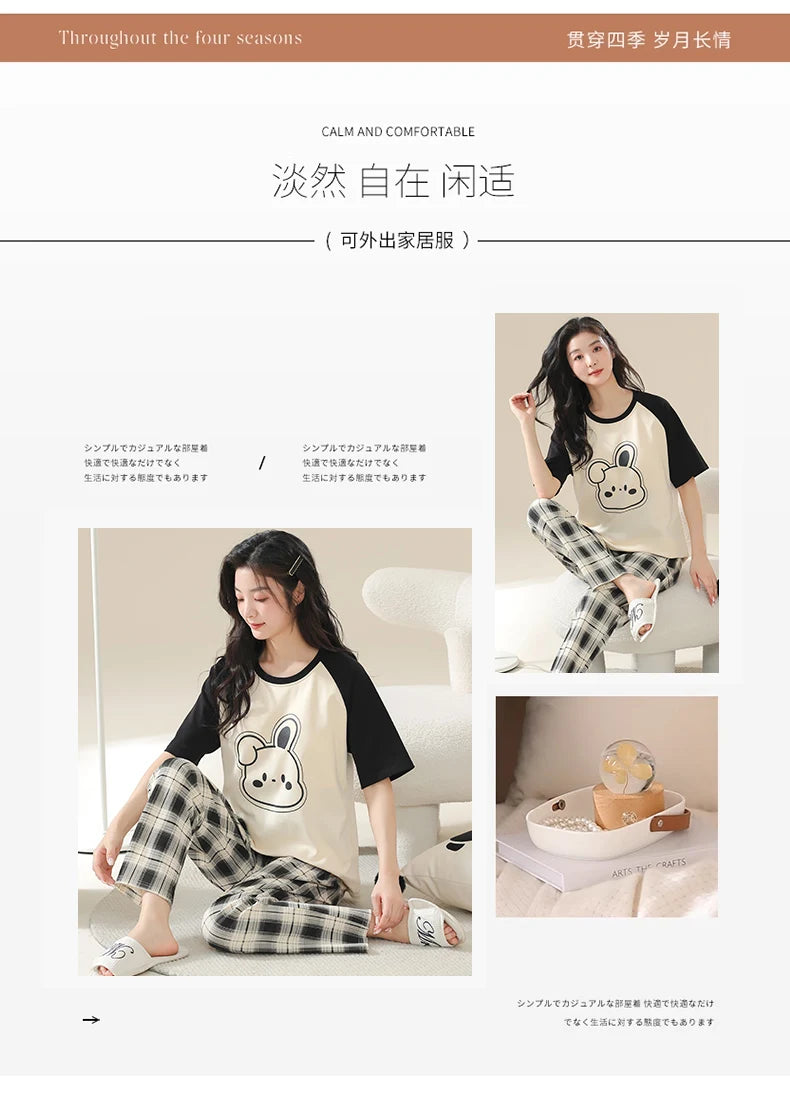 Big Size 5XL Pajama Sets Short Sleeved Cartoon Bear Knitted PJ Plaid Sleepwear Elegant Women's Pajamas Lounge Home Pijama Mujer