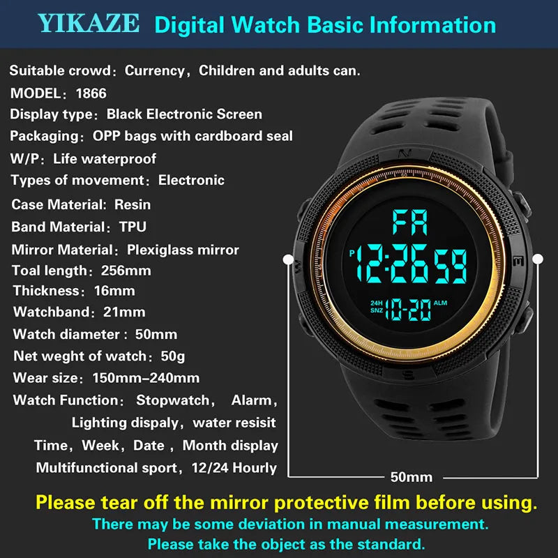 YIKAZE Men's Digital Electronic Watch Sports Glow 50mm Large Dial Student Outdoor Adventure Trend Multifunctional Watches Clock