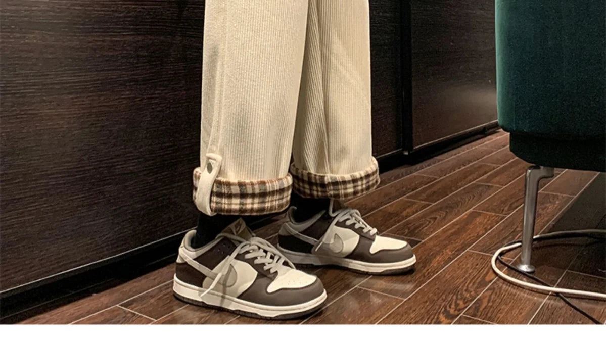 Men's Casual Pants Autumn Winter Warm Straight Corduroy Fleece Trousers Lattice Casual Waist Harajuku Loose Wide Leg Pants