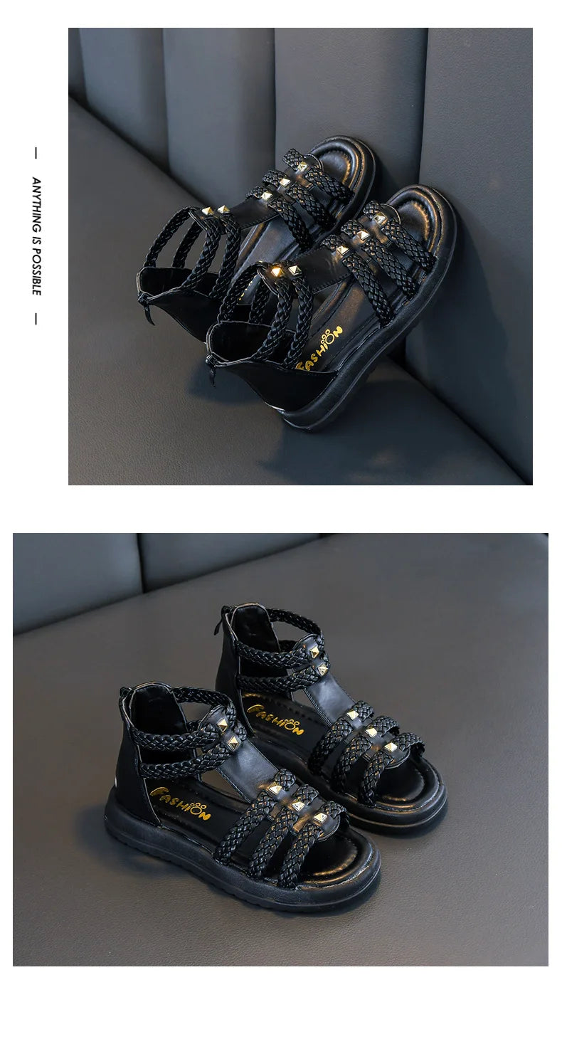 Girls Roman Sandals Open Toe Braided Solid Color High-top Simple Rivets New Summer Hollow Flat Casual Shoes Kids Fashion Casual