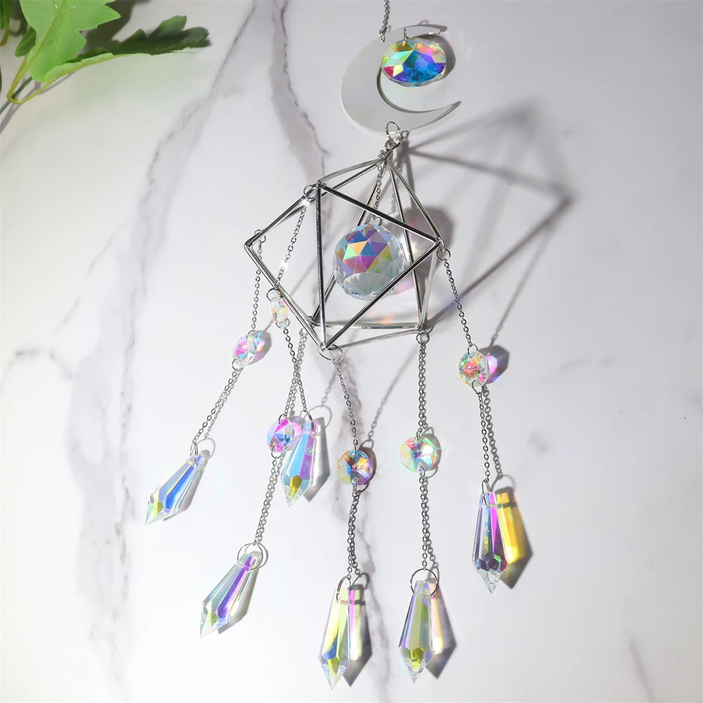 Wind Chime Crystal Light Catcher Hanging Ornament diamond Moon Prism Metal Frame Lighting Ball Bead Jewelry Curtains Home Decor