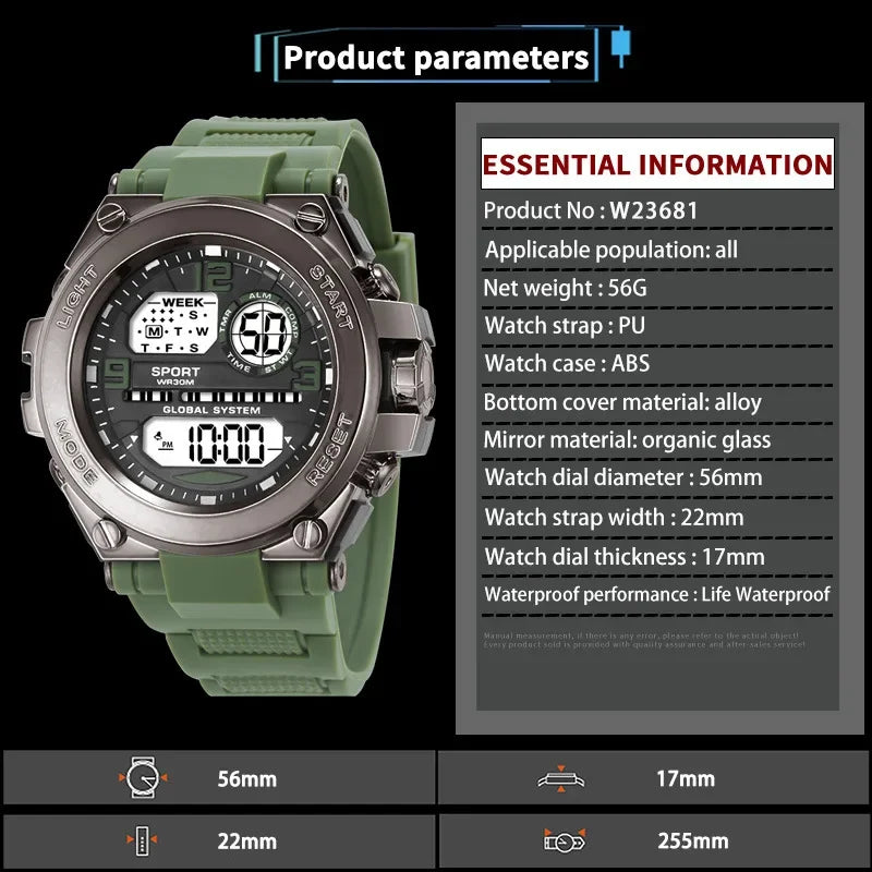 YIKAZE Men's Sports Watches Military Multifunction Digital Watch 3Bar Waterproof Luminous Alarm Clock Men Electronic Wristwatch