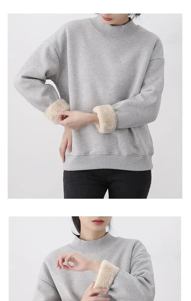 Fleece Pullover Sweatshirts For Women Autumn Turtleneck Long Sleeve Basic Solid Plus Velvet Thickened Sweater Female Clothes