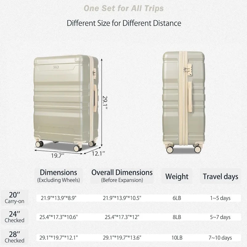 Luggage Sets 3 Piece Suitcase, Hardside Suit case with Spinner Wheels Lightweight TSA Lock, Ivory/Brown, 20/24/28 Inch