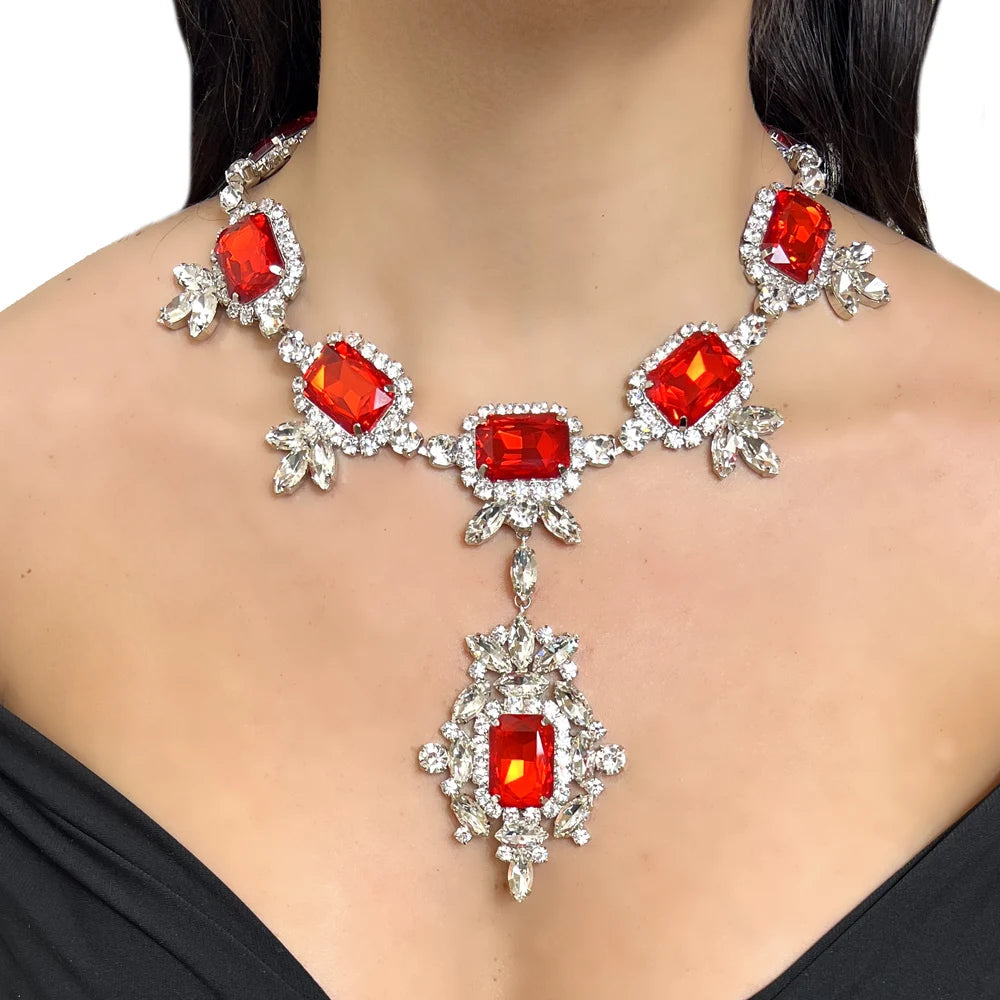 Stonefans Red Exaggerated Set Costume Necklace Earring for Women Engagement African Wedding Jewelry Sets for Bride Accessories