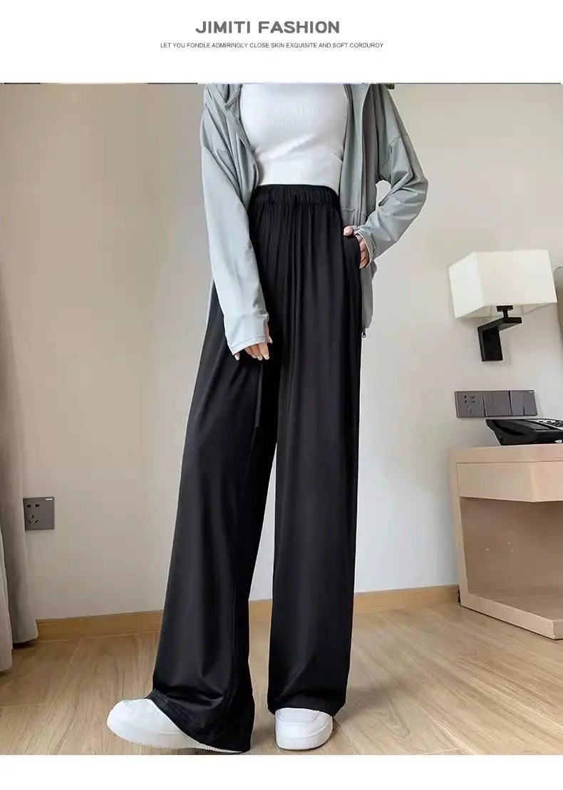 Summer High Waisted Wide Leg Pants Thin Sun Protection Elastic Waist Ice Silk Cool Quick Drying Casual Trousers Women Clothing