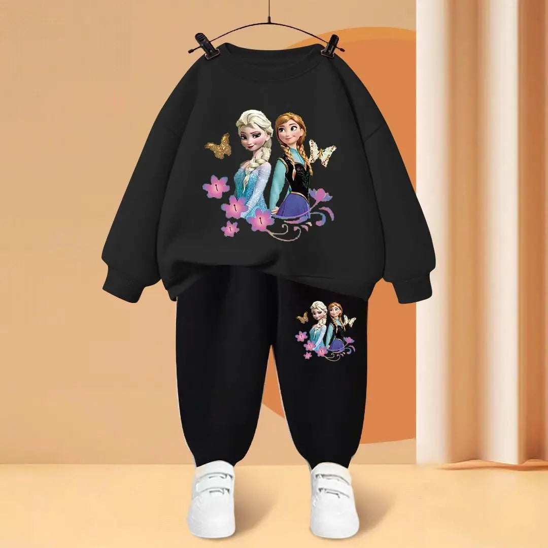 Disney Children's Sweatshirt Sets Baby Girls O Neck Pullover Pants Two Piece Elsa Princess Cartoon Printed Kids Tracksuit