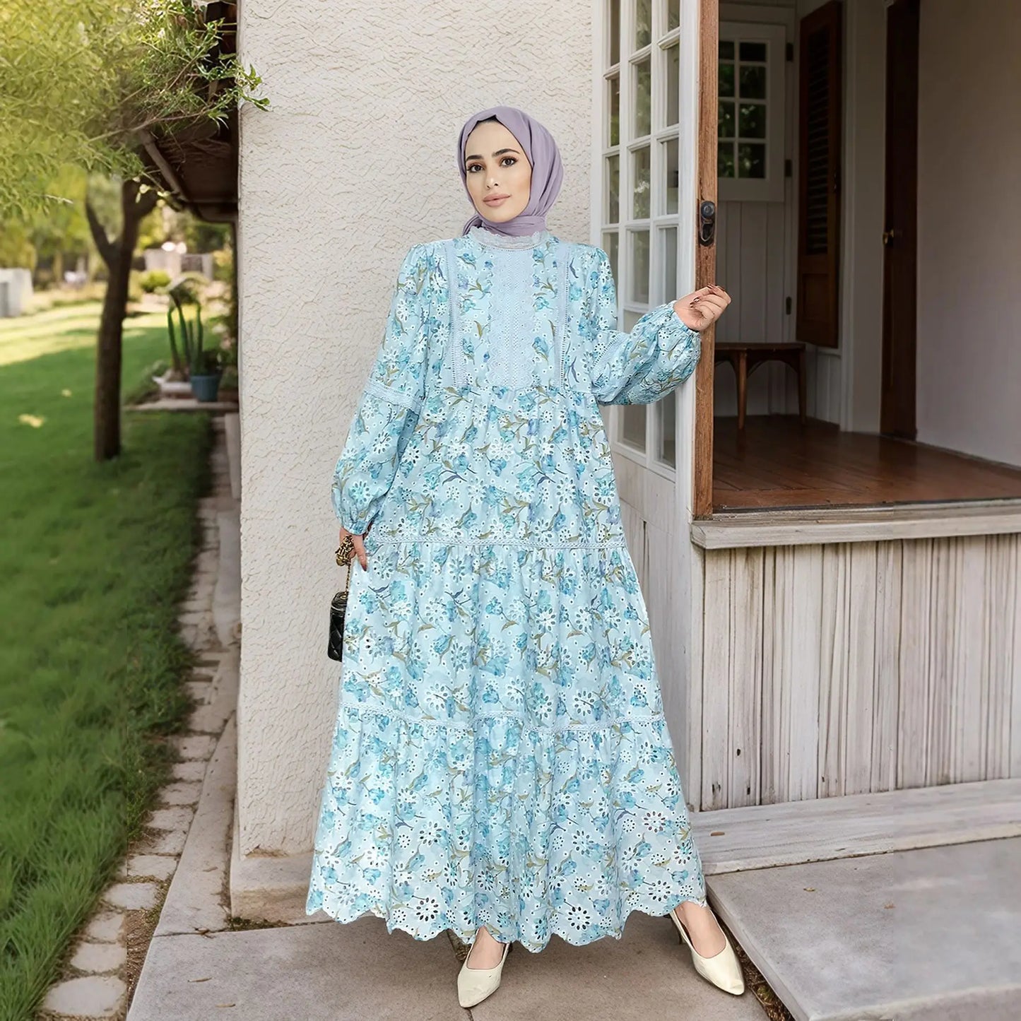 Abaya Elegant Ethnic Print Maxi Dress For Women Spring Autumn 2024 Muslim Jalabiya Dubai Turkey Moroccan Caftan Femme Clothes