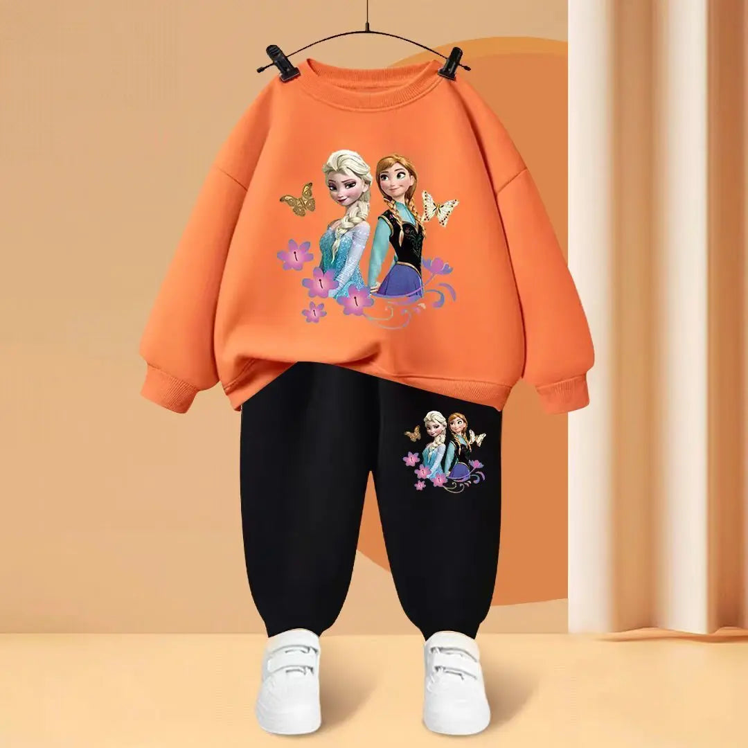 Disney Children's Sweatshirt Sets Baby Girls O Neck Pullover Pants Two Piece Elsa Princess Cartoon Printed Kids Tracksuit