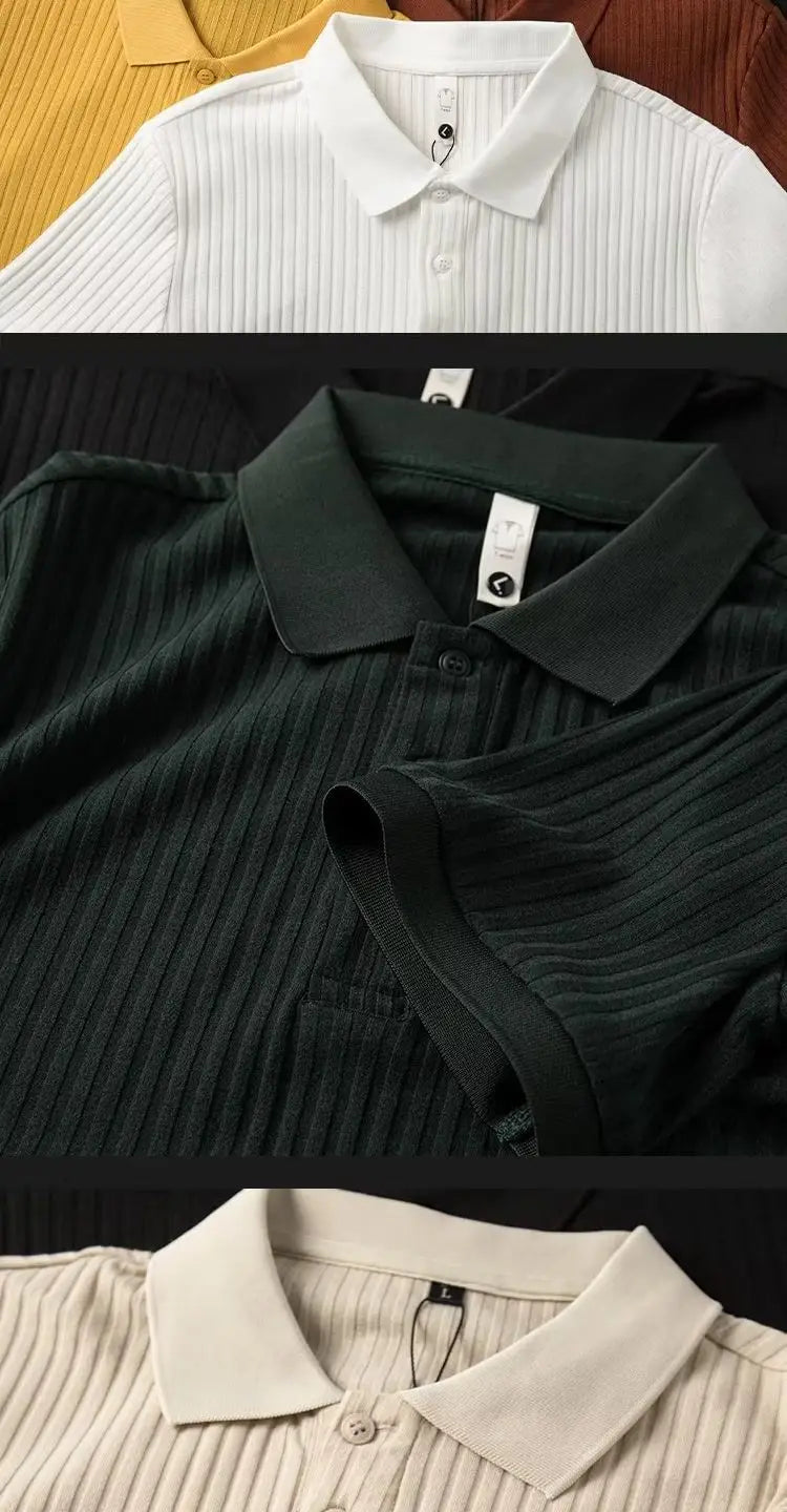 Men Polo Shirt Stripes Short Sleeve T-shirt Male Breathable Tops Business Turn Down Collar Luxury Handsome Elasticity Pullover