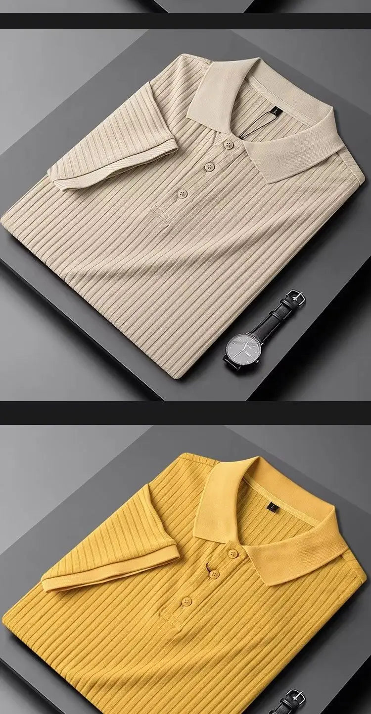 Men Polo Shirt Stripes Short Sleeve T-shirt Male Breathable Tops Business Turn Down Collar Luxury Handsome Elasticity Pullover