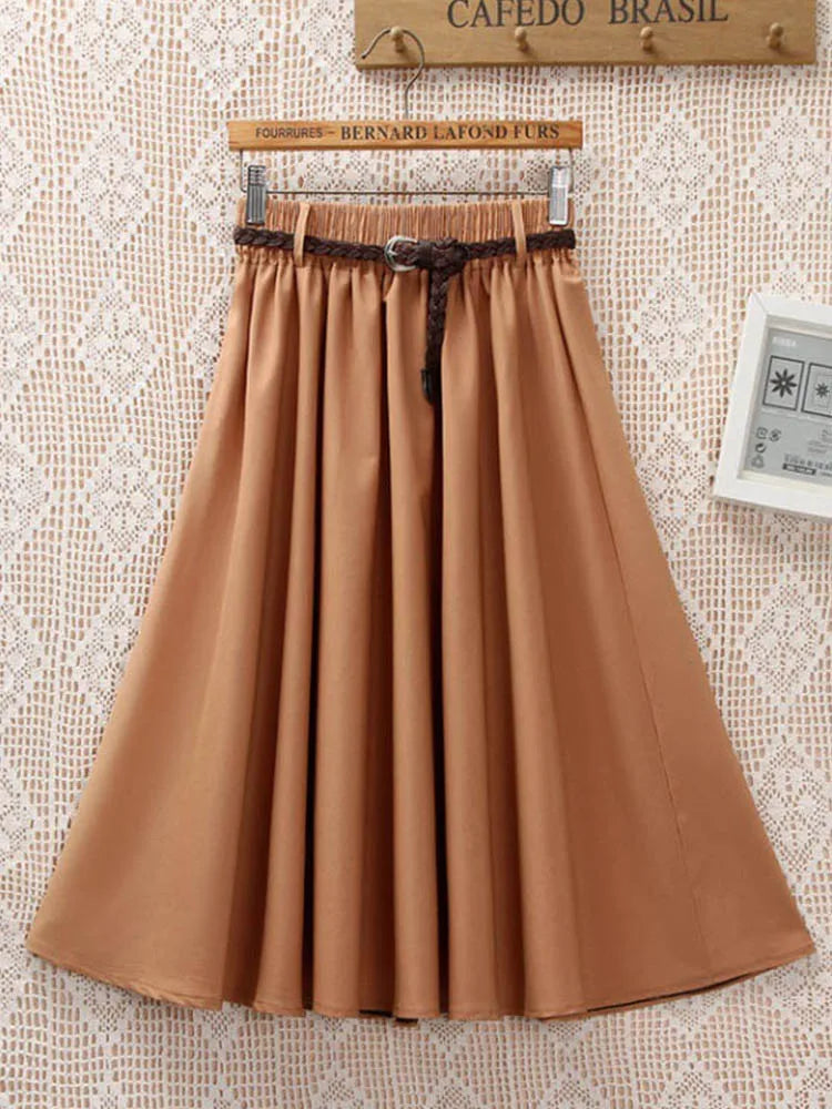 Midi Knee Length Summer Skirt Women With Belt  Fashion Korean Ladies High Waist Pleated A-line School Skirt Female