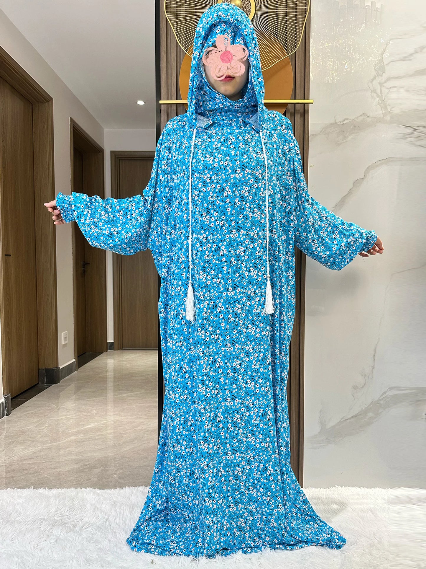 New Ramadan Muslim Two Hats Abaya Dubai Turkey Islam Prayer Clothes Floral Cotton Long Dress Islam Women Dress Kaftan