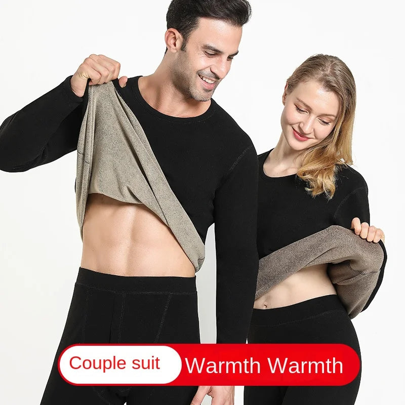 Couple Winter Solid Color Thermal Underwear Sets Soft Thicken Fleece-lined Warm Cold-proof Long Johns Top & Bottom 2 Piece Set