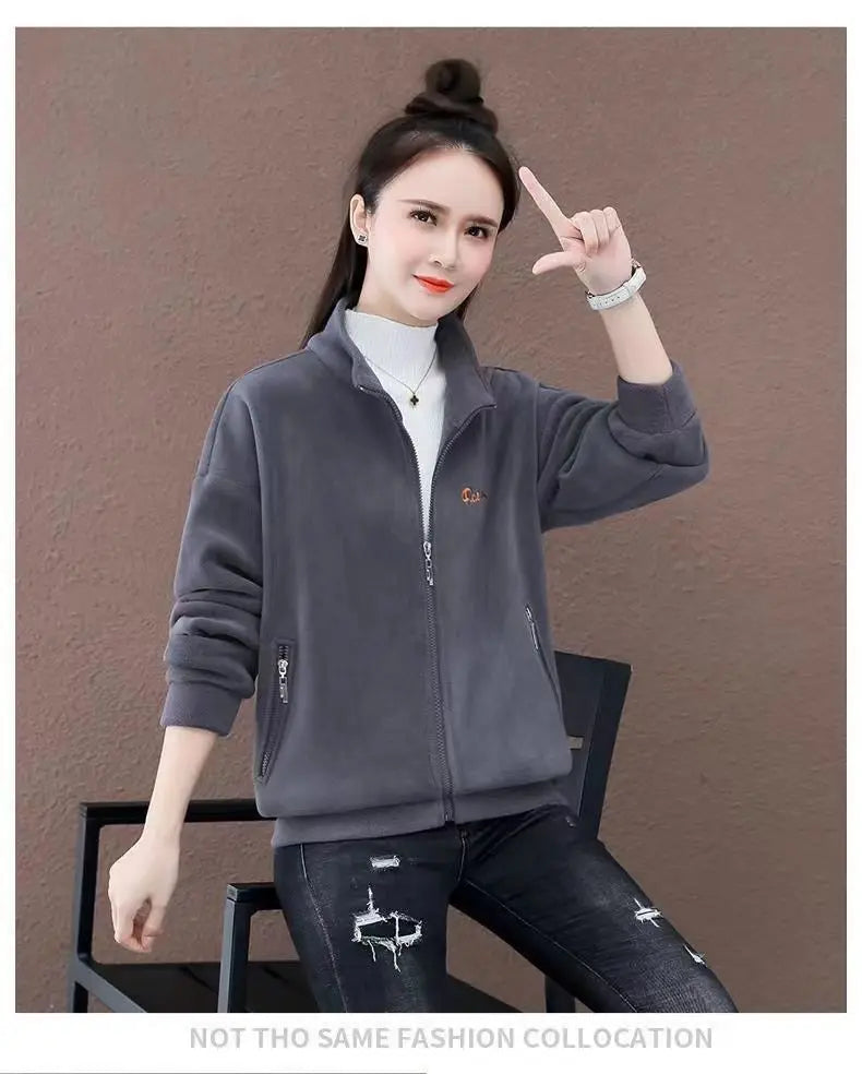 Autumn Winter Double Sided Polar Fleece Warm Coat Women Zipper Outdoor Running Sports Cardigan Warm Printing Letter Sweatshirt