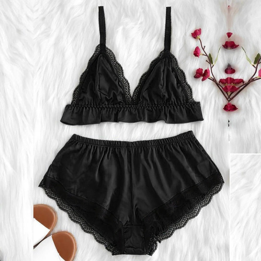 Women Lace Camisole Top Panties Sexy Satin Silk Sleepwear Set Top Shorts Nightwear Lingerie Pajamas Set Trikini Top Briefs Set