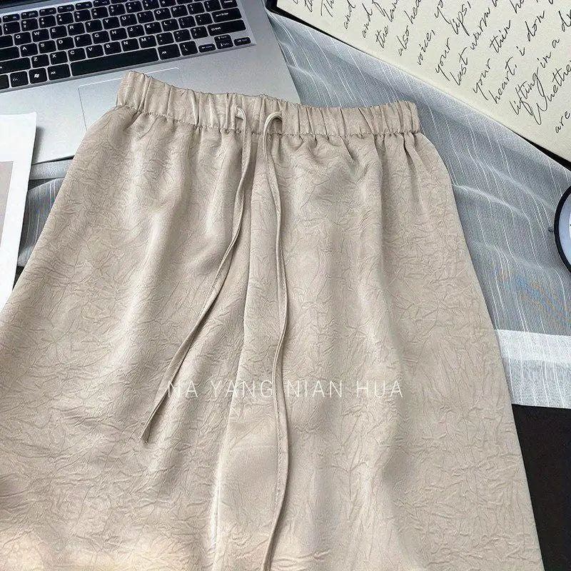 Spring Summer Ice Silk Satin Women's Pants Commuting High Waist Loose Straight Drape Casual Wide Leg Folds Full Length Pants