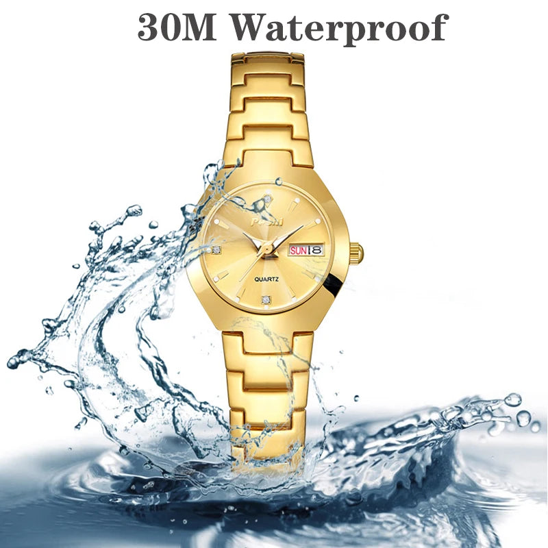 POSHI Fashion Quartz Girls Watch Stainless Steel Simple Women Watch Date Week Waterproof Thin Lady Business Clock  Wristwatch