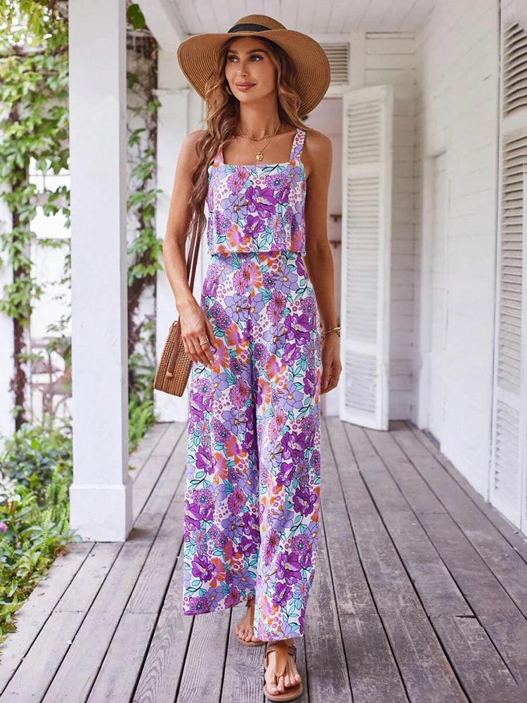 Elegant Long Jumpsuit Women Sexy Backless Wide Leg Jumpsuits Casual Sleeveless Floral Rompers Summer Clothes For Woman 2024 New